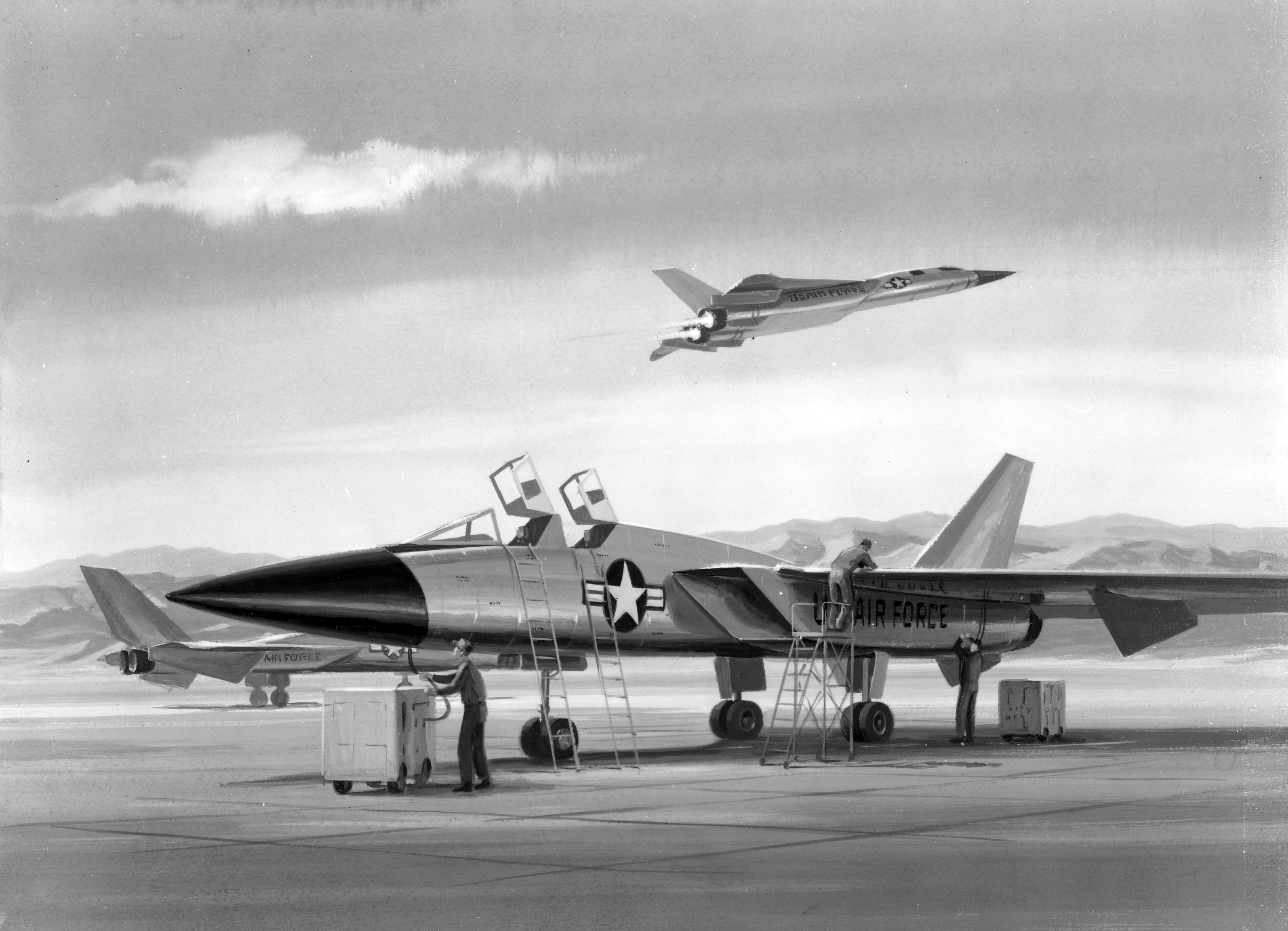 Artist concept of North American Aviation F-108A’s operating out of a remote base facility. (National Archives, St. Louis) The nose chine and radome modification show up well in this view of a Lockheed YF-12A pulling up to the KC-135 tanker high over the Mojave Desert. (AFTC/HO) The Hughes